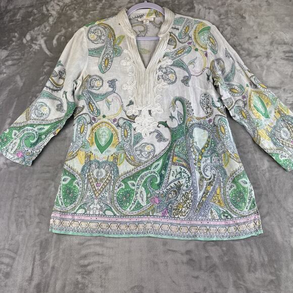 Charter Club Luxury Linen Tunic Top Women's S White Green Paisley Boho (1180) - Picture 5 of 11